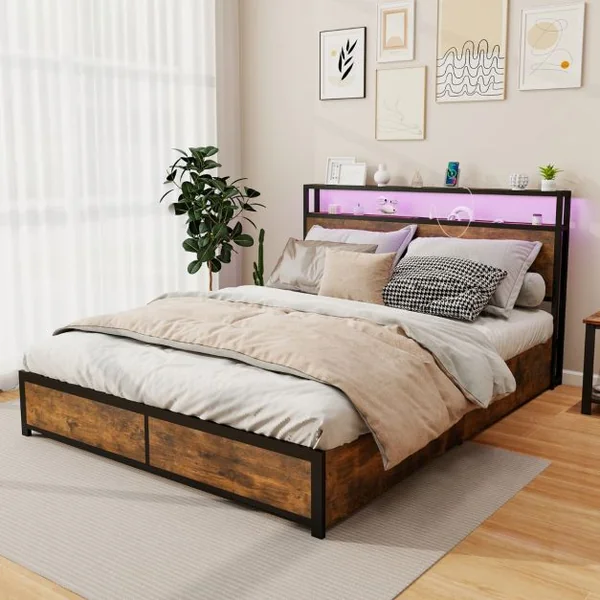 Cadre de Lit LED Taille King avec Station de Charge & 4 Tiroirs Lit à Plateforme avec Tête de Lit de Rangement 200x160cm Marron Rustique
