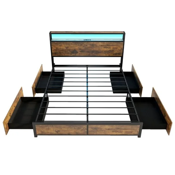 Cadre de Lit LED Taille King avec Station de Charge & 4 Tiroirs Lit à Plateforme avec Tête de Lit de Rangement 200x160cm Marron Rustique