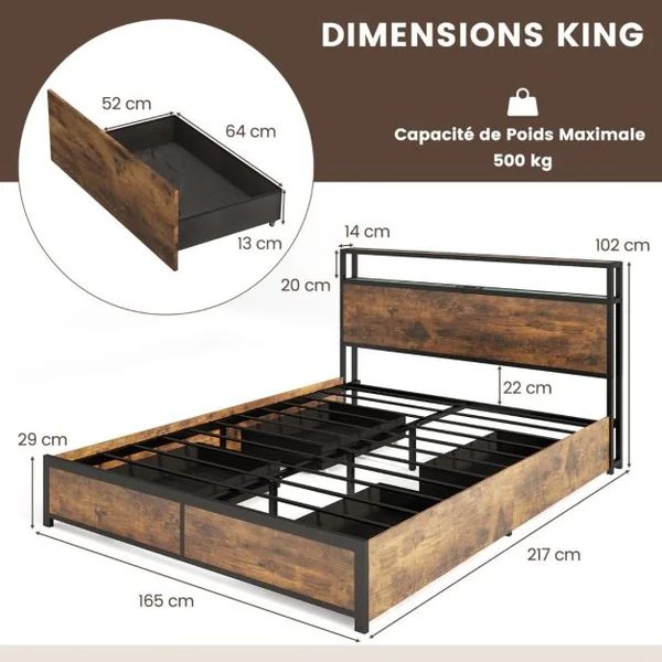 Cadre de Lit LED Taille King avec Station de Charge & 4 Tiroirs Lit à Plateforme avec Tête de Lit de Rangement 200x160cm Marron Rustique