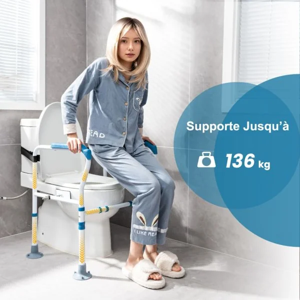 Cadres de Sécurité pour Toilettes pour Personnes gées Rehausseur Toilette Adulte avec Hauteur 65,5-78 cm Largeur 62-68 cm Sangle Bleu