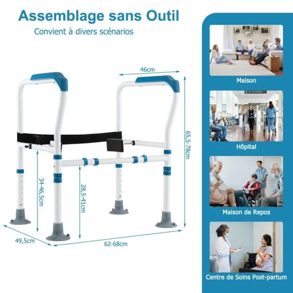 Cadres de Sécurité pour Toilettes pour Personnes gées Rehausseur Toilette Adulte avec Hauteur 65,5-78 cm Largeur 62-68 cm Sangle Bleu