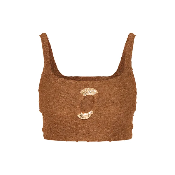 Café Au Lait Haut Court Caraco Texturé Avec Anneau Doré Martelé Ensemble Coordonné Shape