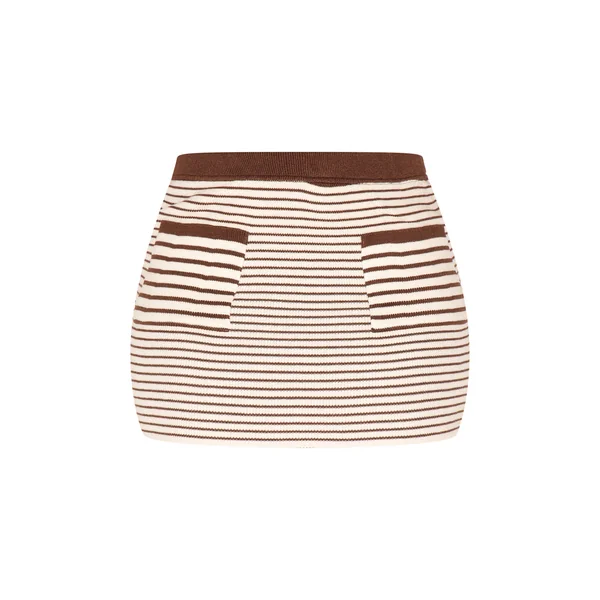 Café Au Lait Mini-jupe Moulante En Maille Rayée Avec Poches Devant