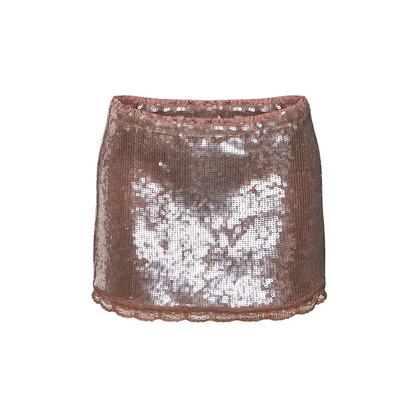 Café Au Lait Mini-jupe À Détails De Sequins Et Dentelle