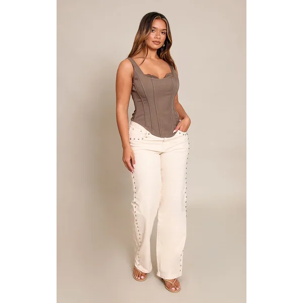 Café Au Lait Top Corset Long À Encolure Carrée Et Finitions En Dentelle Shape