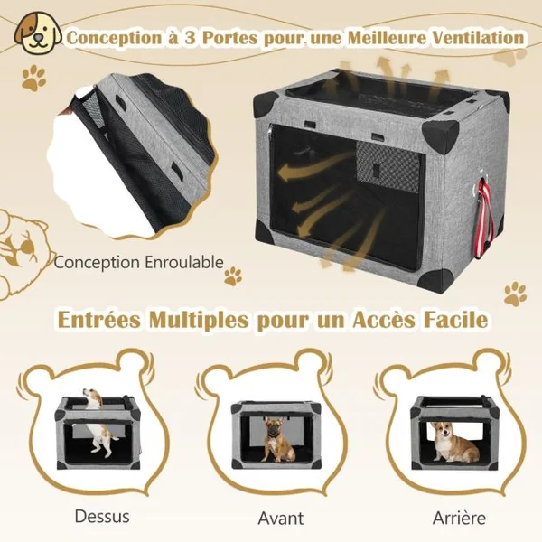 Cage de Transport L pour Animaux Pliable en Tissu Oxford avec Coussin Amovible 80x59x59 CM Sac de Transport Pour Chien Chat