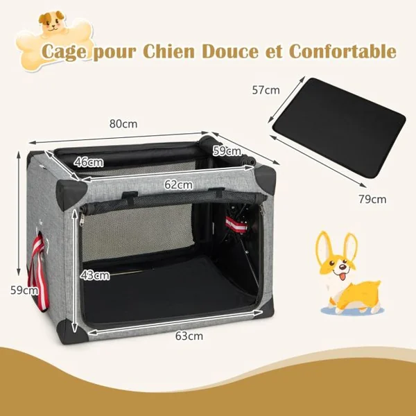 Cage de Transport L pour Animaux Pliable en Tissu Oxford avec Coussin Amovible 80x59x59 CM Sac de Transport Pour Chien Chat