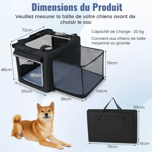 Cage de Transport Pliable pour Chien Sac de Transport Portable avec 2 Ouvertures et Fenêtre Panier Intérieur en Maille Noir