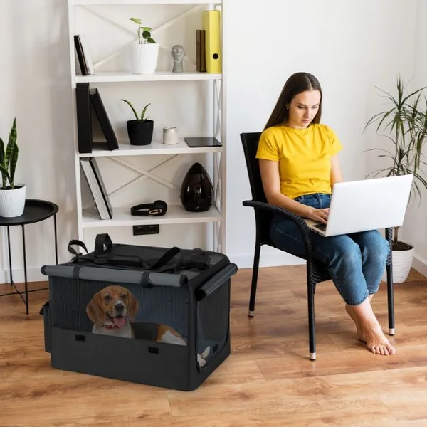 Cage de Transport Pliable pour Chien Sac de Transport Portable avec 2 Ouvertures et Fenêtre Panier Intérieur en Maille Poches Latérales Noir