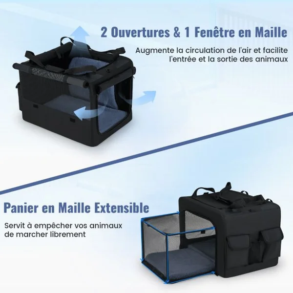 Cage de Transport Pliable pour Chien Sac de Transport Portable avec 2 Ouvertures et Fenêtre Panier Intérieur en Maille Poches Latérales Noir