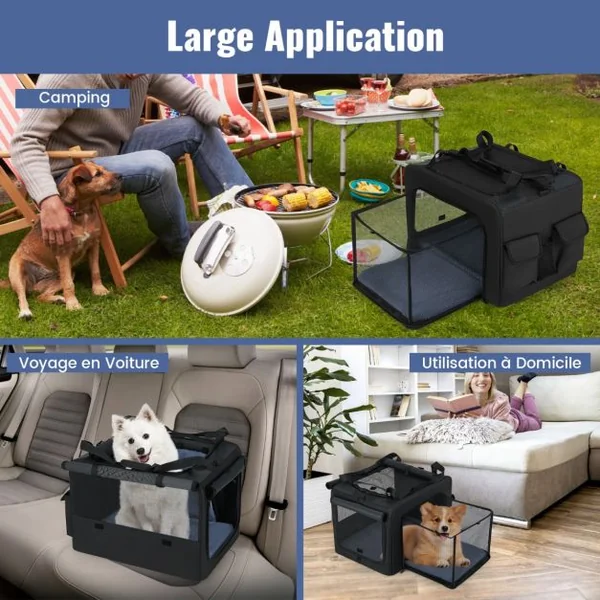 Cage de Transport Pliable pour Chien Sac de Transport Portable avec 2 Ouvertures et Fenêtre Panier Intérieur en Maille Poches Latérales Noir