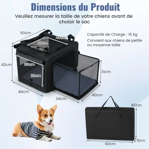 Cage de Transport Pliable pour Chien Sac de Transport Portable avec 2 Ouvertures et Fenêtre Panier Intérieur en Maille Poches Latérales Noir