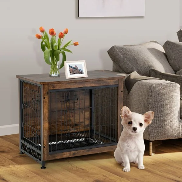 Cage pour Chien Cage Chien en Bois avec Portes Doubles Plateau Amovible Fil Métallique pour Chambre Salon Marron