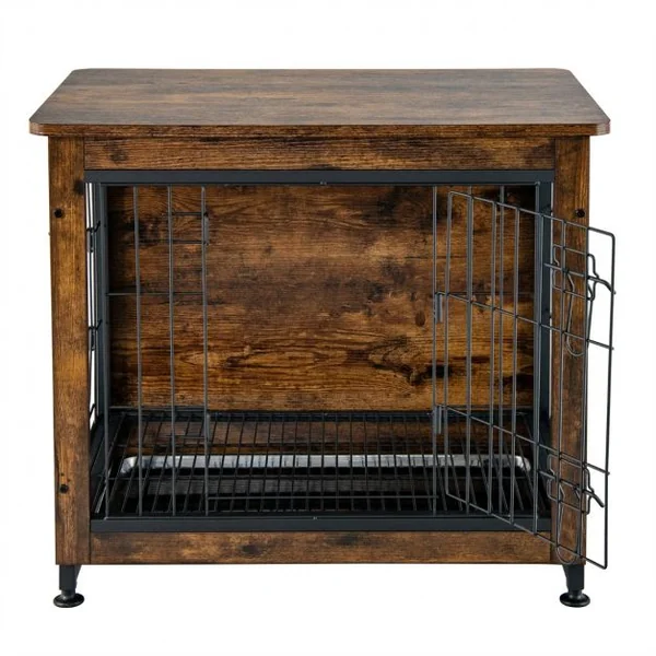 Cage pour Chien Cage Chien en Bois avec Portes Doubles Plateau Amovible Fil Métallique pour Chambre Salon Marron