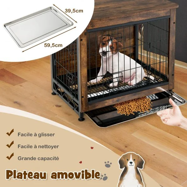 Cage pour Chien Cage Chien en Bois avec Portes Doubles Plateau Amovible Fil Métallique pour Chambre Salon Marron