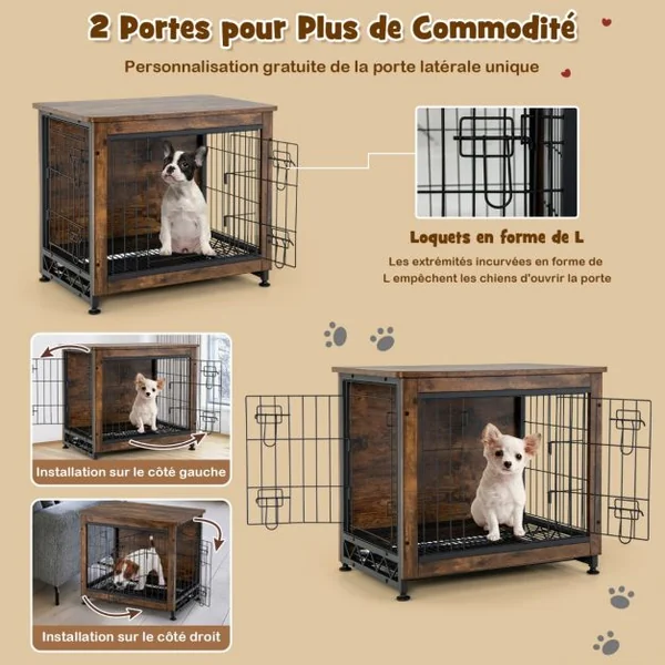 Cage pour Chien Cage Chien en Bois avec Portes Doubles Plateau Amovible Fil Métallique pour Chambre Salon Marron