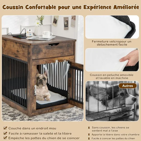Cage pour Chien en Bois avec Station de Charge Sans Fils Cage Chien au Chevet avec Tiroir et Porte Verrouillable Niche et Coussin Inclus 50 x 64 x 63 cm