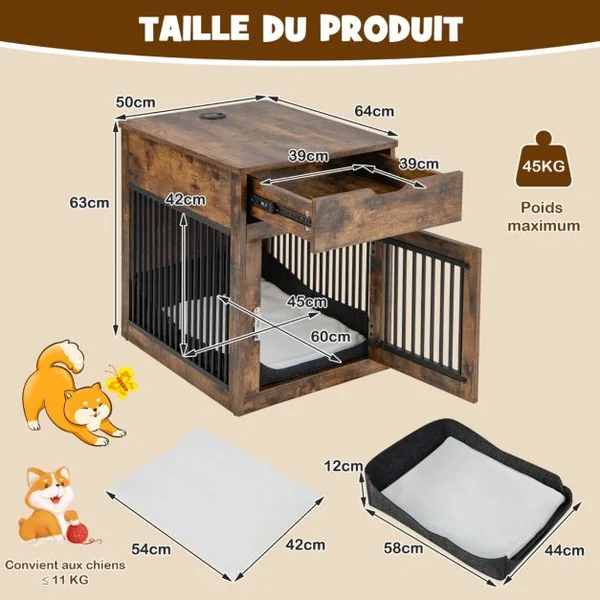 Cage pour Chien en Bois avec Station de Charge Sans Fils Cage Chien au Chevet avec Tiroir et Porte Verrouillable Niche et Coussin Inclus 50 x 64 x 63 cm