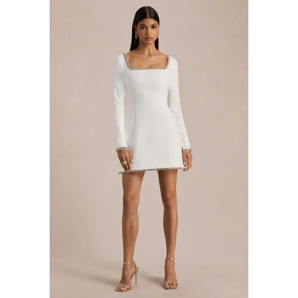 Caia | Mini-robe blanche à décolleté carré orné