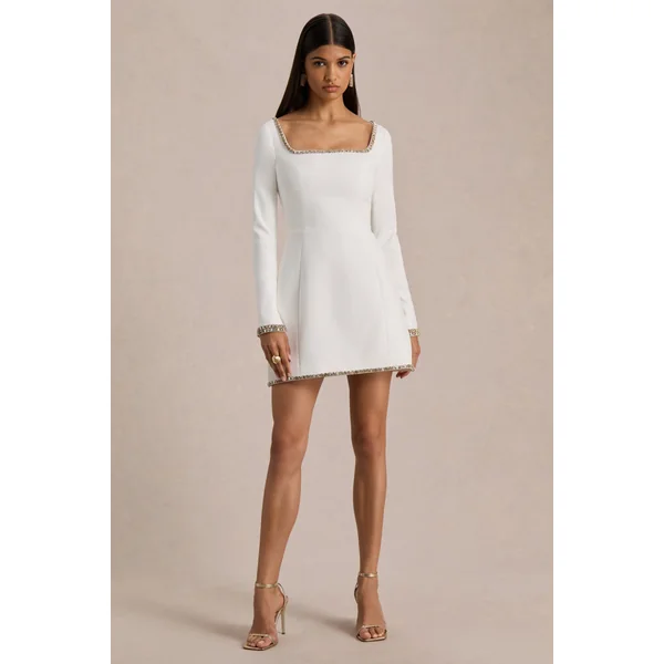 Caia | Mini-robe blanche à décolleté carré orné