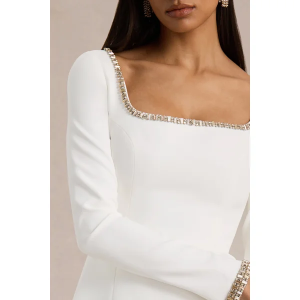 Caia | Mini-robe blanche à décolleté carré orné