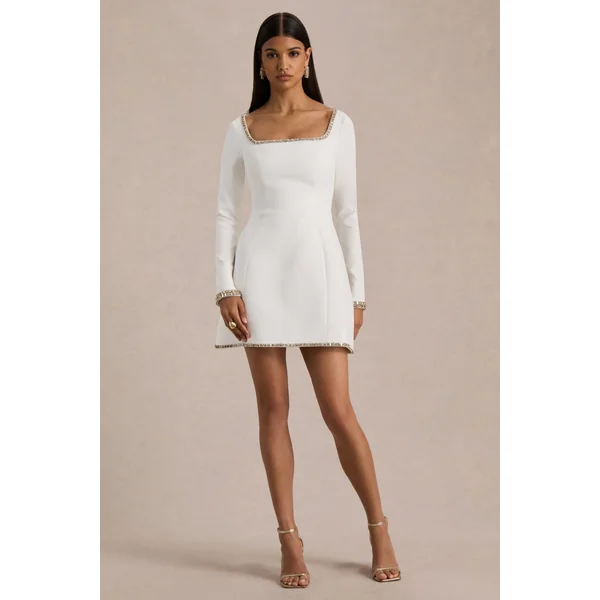 Caia | Mini-robe blanche à décolleté carré orné