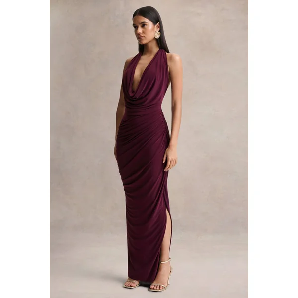 Cairo | Robe longue bordeaux à encolure bénitier avec détails froncés