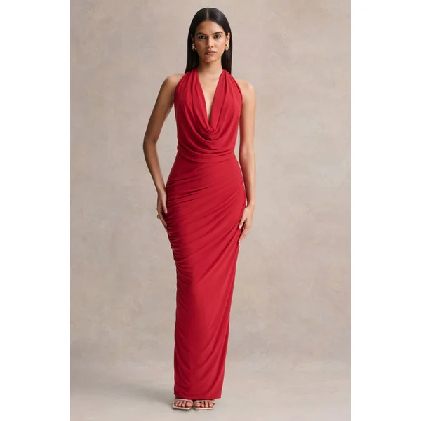 Cairo | Robe longue rouge à encolure bénitier avec détails froncés