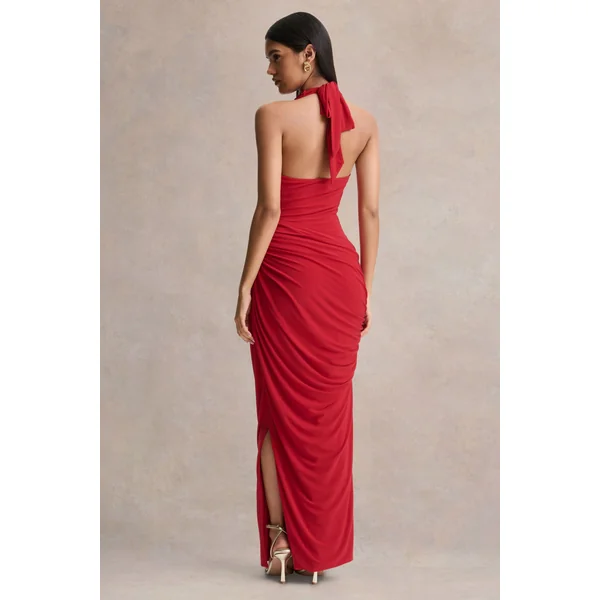 Cairo | Robe longue rouge à encolure bénitier avec détails froncés