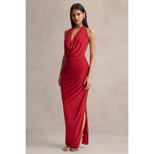 Cairo | Robe longue rouge à encolure bénitier avec détails froncés