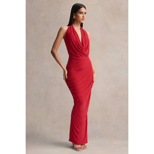 Cairo | Robe longue rouge à encolure bénitier avec détails froncés