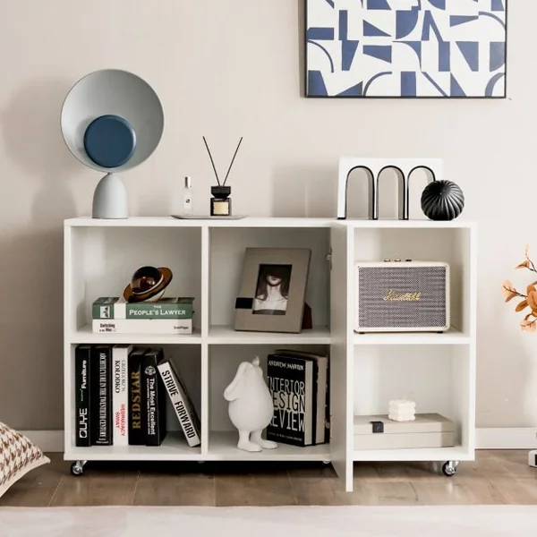 Caisson Bureau avec 6 Compartiments Support Imprimante sur 6 Roues Universelles Verrouillable 110 x 40 x 69 cm Blanc