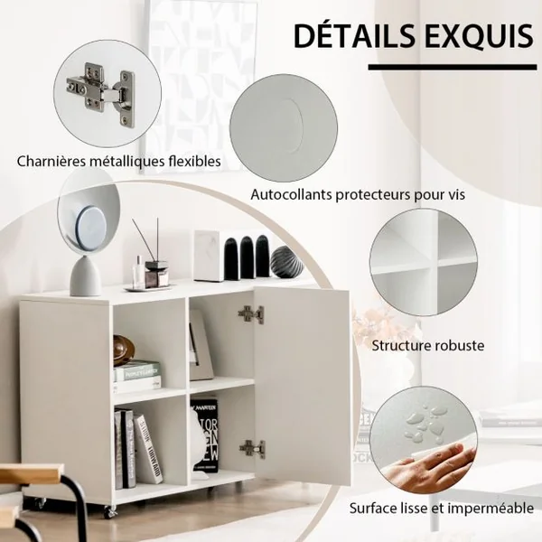 Caisson Bureau avec 6 Compartiments Support Imprimante sur 6 Roues Universelles Verrouillable 110 x 40 x 69 cm Blanc