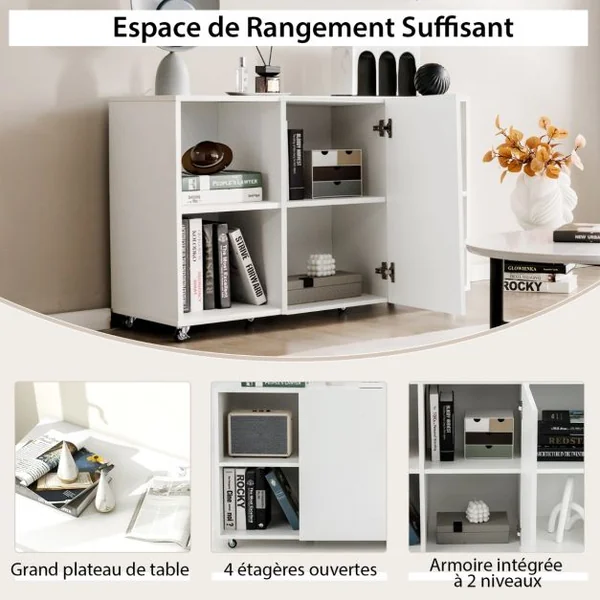 Caisson Bureau avec 6 Compartiments Support Imprimante sur 6 Roues Universelles Verrouillable 110 x 40 x 69 cm Blanc