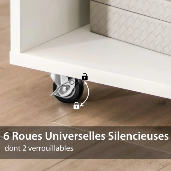Caisson Bureau avec 6 Compartiments Support Imprimante sur 6 Roues Universelles Verrouillable 110 x 40 x 69 cm Blanc