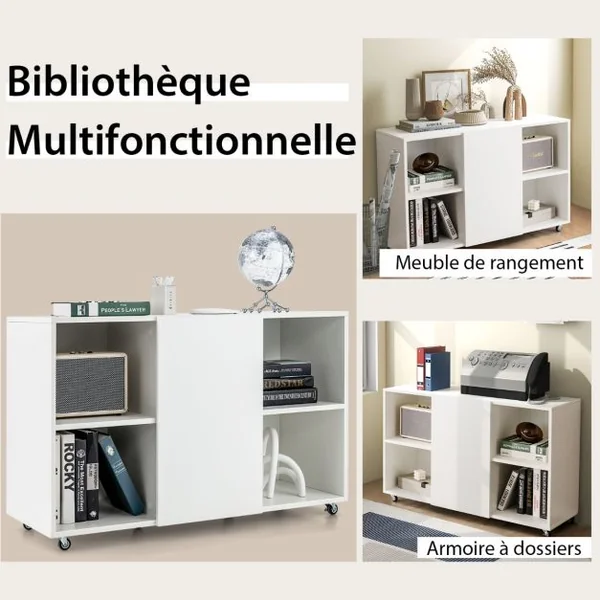 Caisson Bureau avec 6 Compartiments Support Imprimante sur 6 Roues Universelles Verrouillable 110 x 40 x 69 cm Blanc