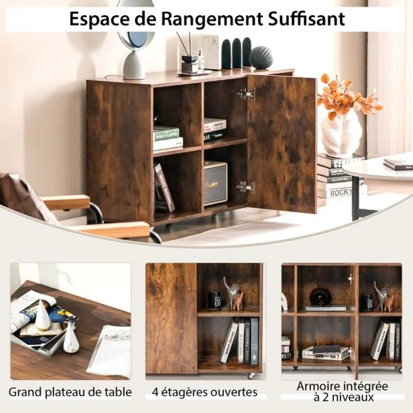 Caisson Bureau avec 6 Compartiments Support Imprimante sur 6 Roues Universelles Verrouillable 110 x 40 x 69 cm Café