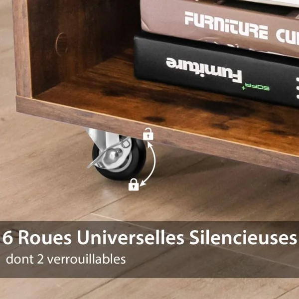 Caisson Bureau avec 6 Compartiments Support Imprimante sur 6 Roues Universelles Verrouillable 110 x 40 x 69 cm Café