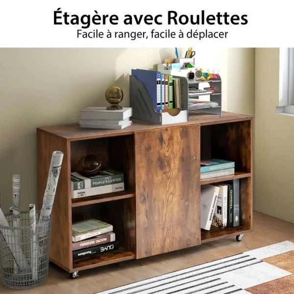 Caisson Bureau avec 6 Compartiments Support Imprimante sur 6 Roues Universelles Verrouillable 110 x 40 x 69 cm Café