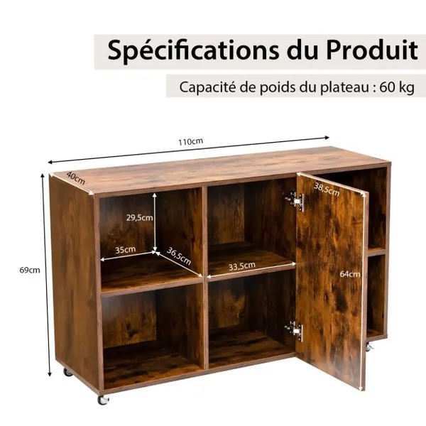 Caisson Bureau avec 6 Compartiments Support Imprimante sur 6 Roues Universelles Verrouillable 110 x 40 x 69 cm Café