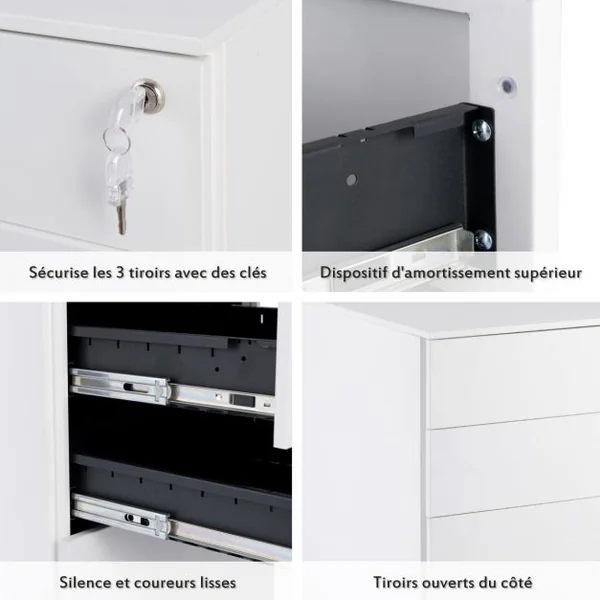 Caisson de Bureau Armoire de Rangement à Roulettes Grande Capacité de Stockage de 50kg en Acier, 39x48x60cm, Blanc