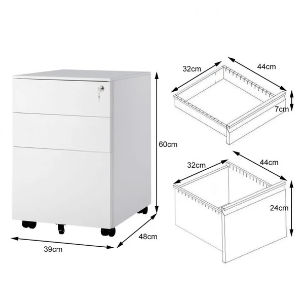Caisson de Bureau Armoire de Rangement à Roulettes Grande Capacité de Stockage de 50kg en Acier, 39x48x60cm, Blanc