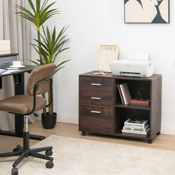 Caisson de Bureau Mobile avec 3 Tiroirs 2 Étagères Réglable à 5 Positions avec roulettes pour Bureau à Domicile Marron Rustique