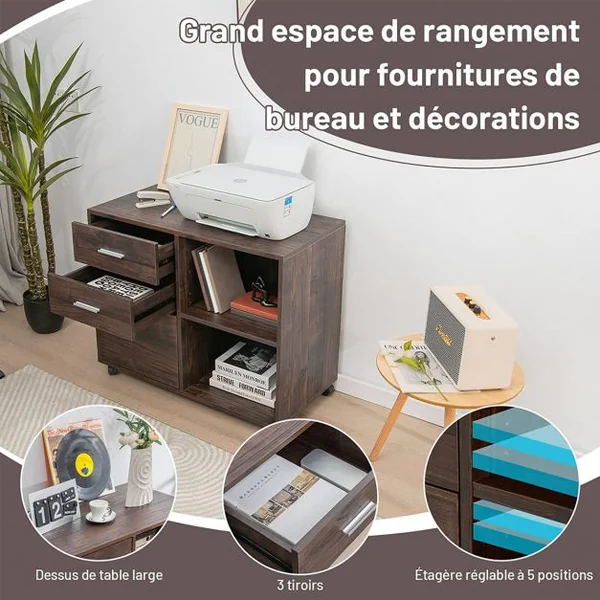 Caisson de Bureau Mobile avec 3 Tiroirs 2 Étagères Réglable à 5 Positions avec roulettes pour Bureau à Domicile Marron Rustique