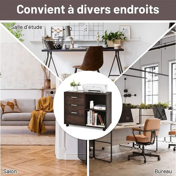 Caisson de Bureau Mobile avec 3 Tiroirs 2 Étagères Réglable à 5 Positions avec roulettes pour Bureau à Domicile Marron Rustique
