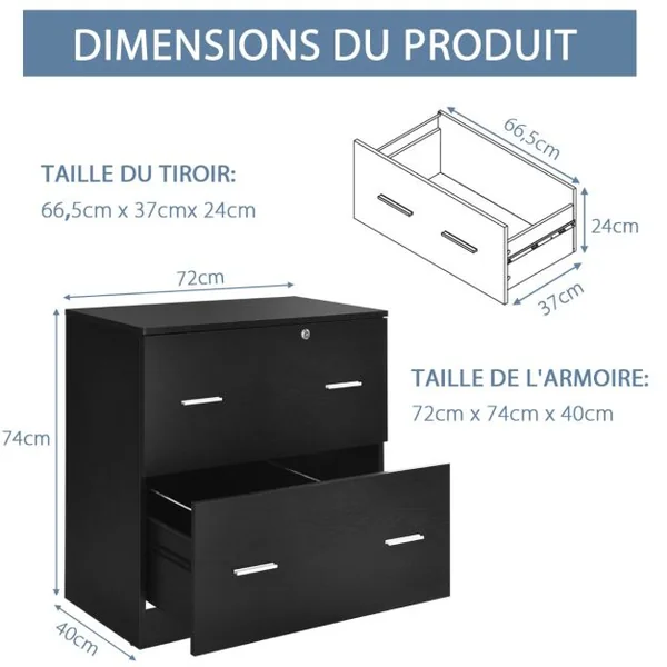 Caisson de Bureau Verrouillable avec 2 Grands Tiroirs Support Imprimante avec Barres Suspendues Amovibles 2 Clés Inclus 72 x 40 x 74 cm Noir