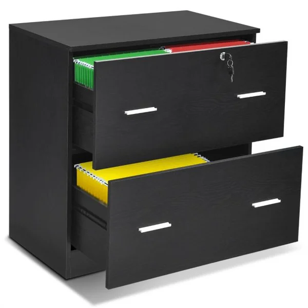 Caisson de Bureau Verrouillable avec 2 Grands Tiroirs Support Imprimante avec Barres Suspendues Amovibles 2 Clés Inclus 72 x 40 x 74 cm Noir