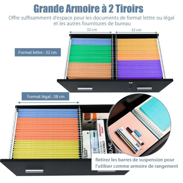 Caisson de Bureau Verrouillable avec 2 Grands Tiroirs Support Imprimante avec Barres Suspendues Amovibles 2 Clés Inclus 72 x 40 x 74 cm Noir