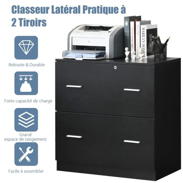 Caisson de Bureau Verrouillable avec 2 Grands Tiroirs Support Imprimante avec Barres Suspendues Amovibles 2 Clés Inclus 72 x 40 x 74 cm Noir