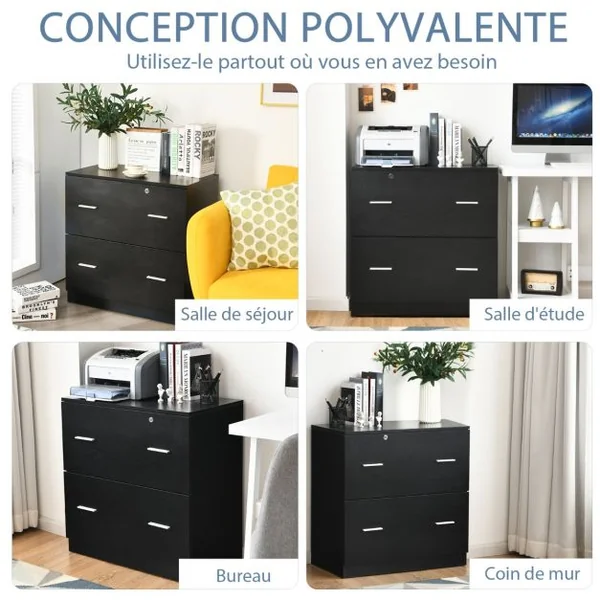 Caisson de Bureau Verrouillable avec 2 Grands Tiroirs Support Imprimante avec Barres Suspendues Amovibles 2 Clés Inclus 72 x 40 x 74 cm Noir